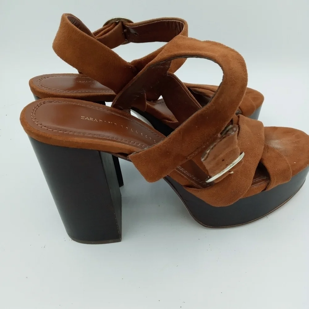 Zara Basic Collection Strappy Wood Platform Heels w/ Ankle Buckle Strap